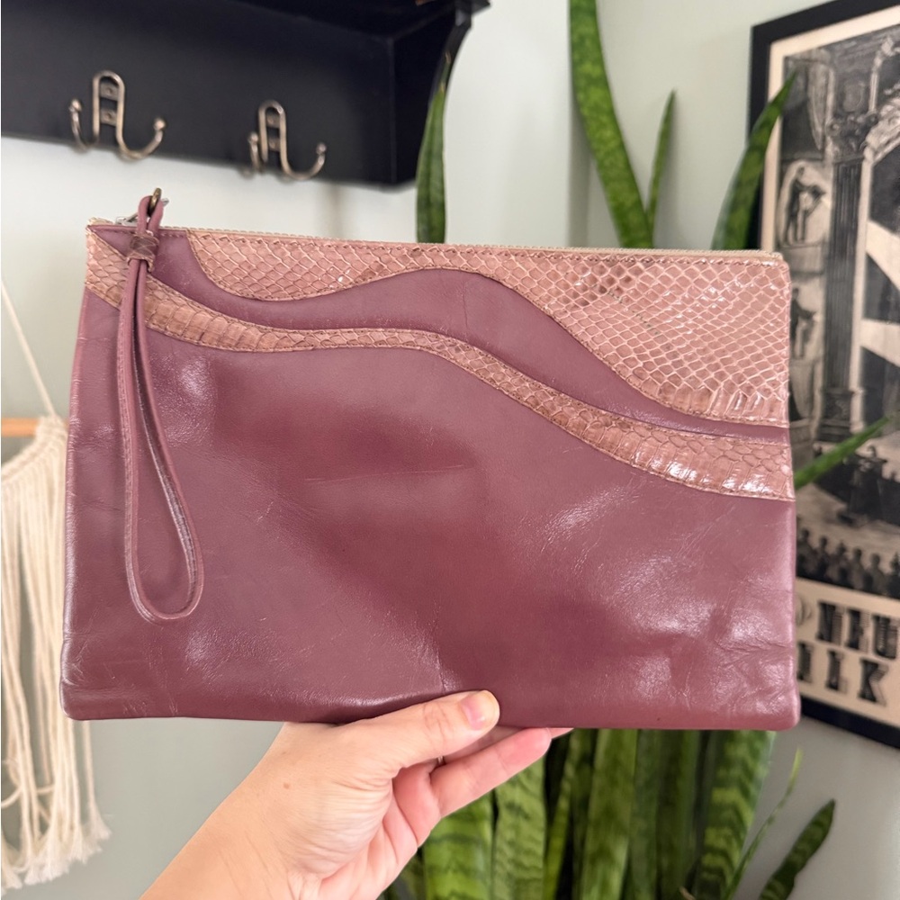 VTG 60s Ruth Saltz Leather Snakeskin Clutch : Dusty Mauve and Taupe